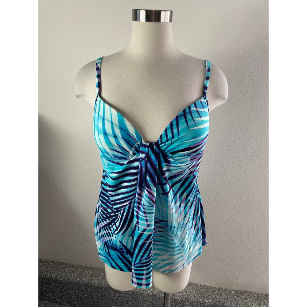 Miraclesuit Women 12 Blue Purple Palm Print Tankini Twist Front Swim Top